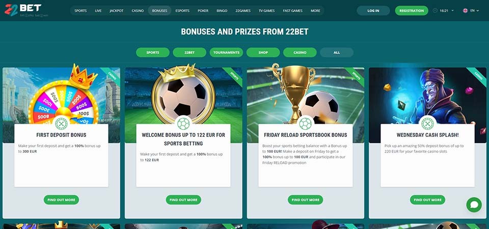 Screenshot of the 22bet bonus page