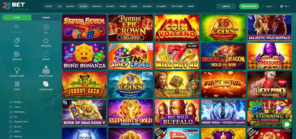 Screenshot of the 22bet casino page