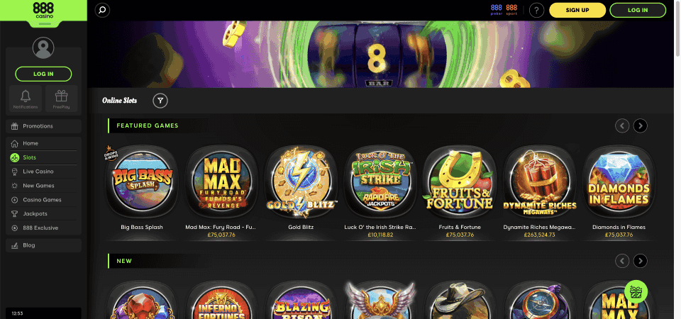 Screenshot of the 888sport casino page