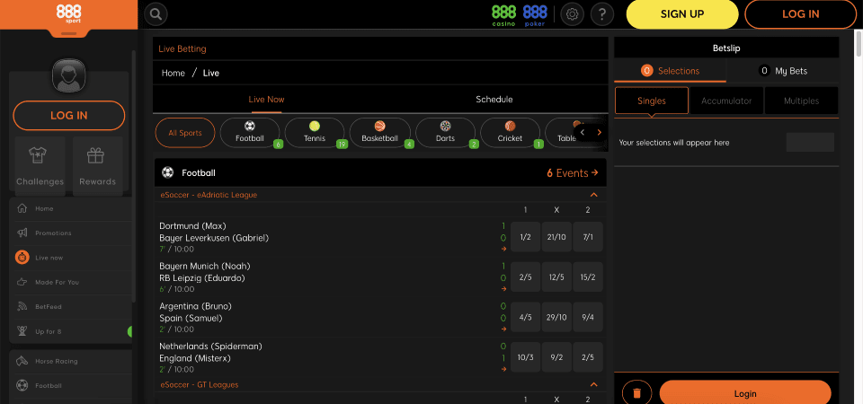 Screenshot of the 888sport live page