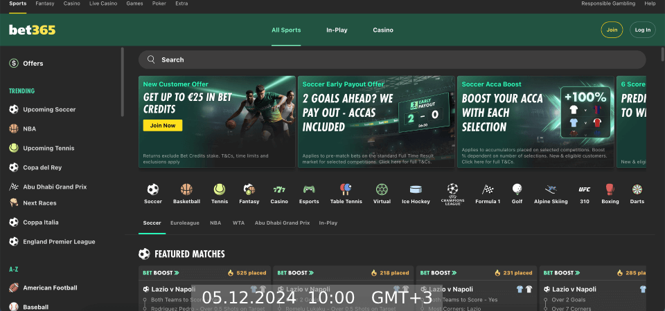 Screenshot of the bet365 live page