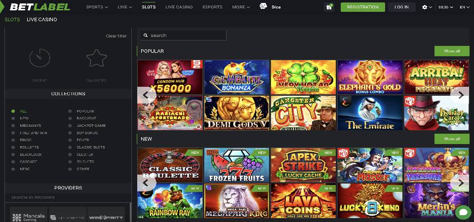 Screenshot of the BetLabel casino slots page