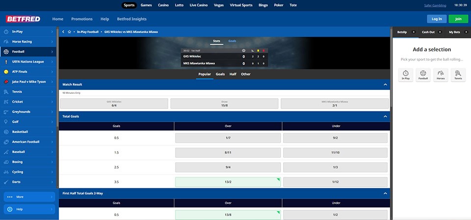 Screenshot of the Betfred sport page