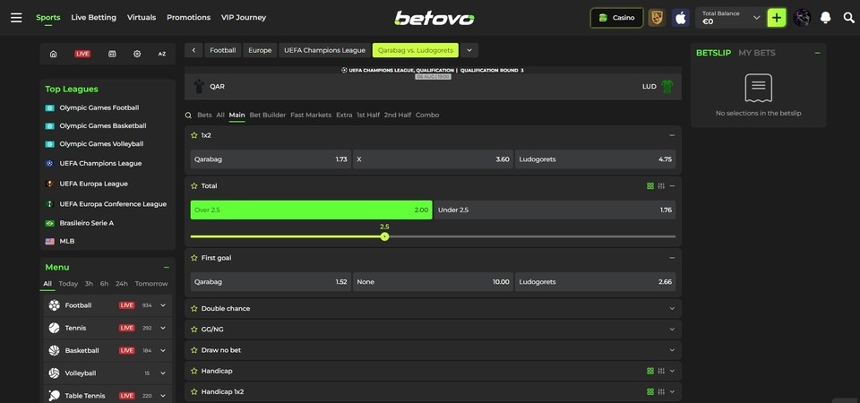 Image of available betting markets at Betovo