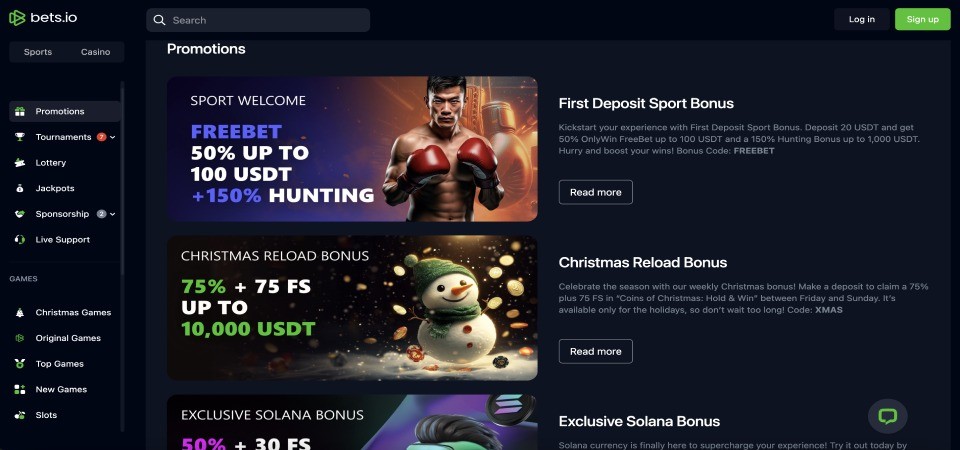 Screenshot of the Bets.io promotions page