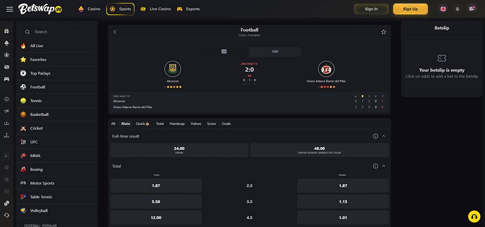 Screenshot of the Betswap.gg sport page