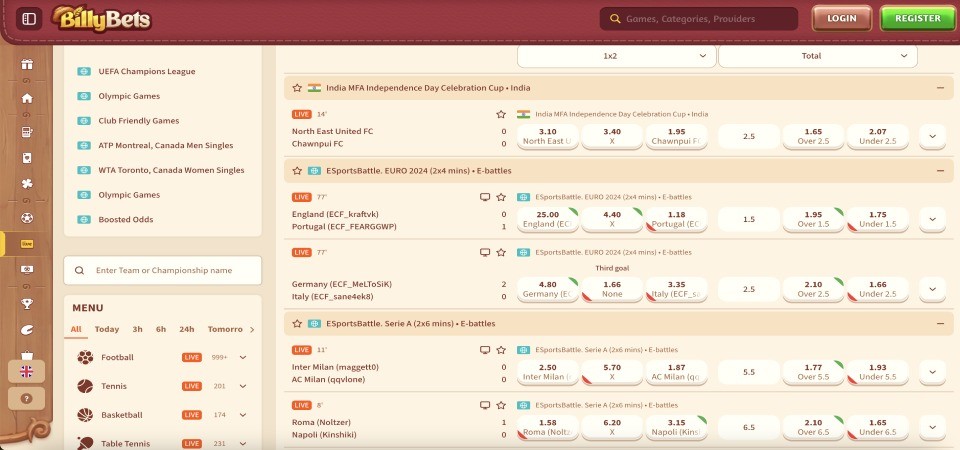 BillyBets desktop live sport page screenshot