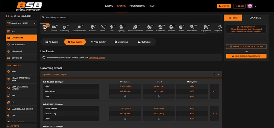 Screenshot of the Bitcoinsportsbook.ag sport page