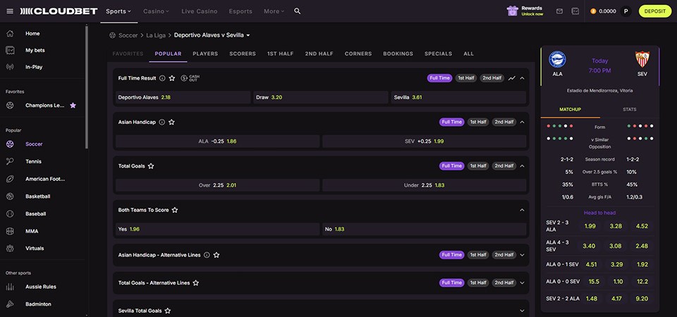 Screenshot of the Cloudbet sport page