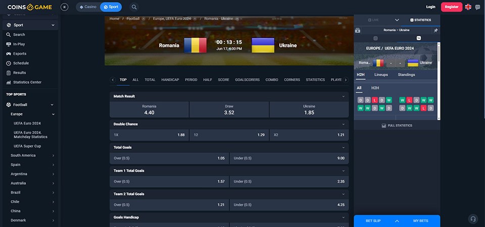 Screenshot of the coins.game bet page