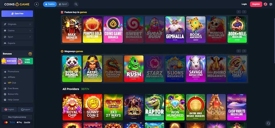 Screenshot of the coins.game casino page