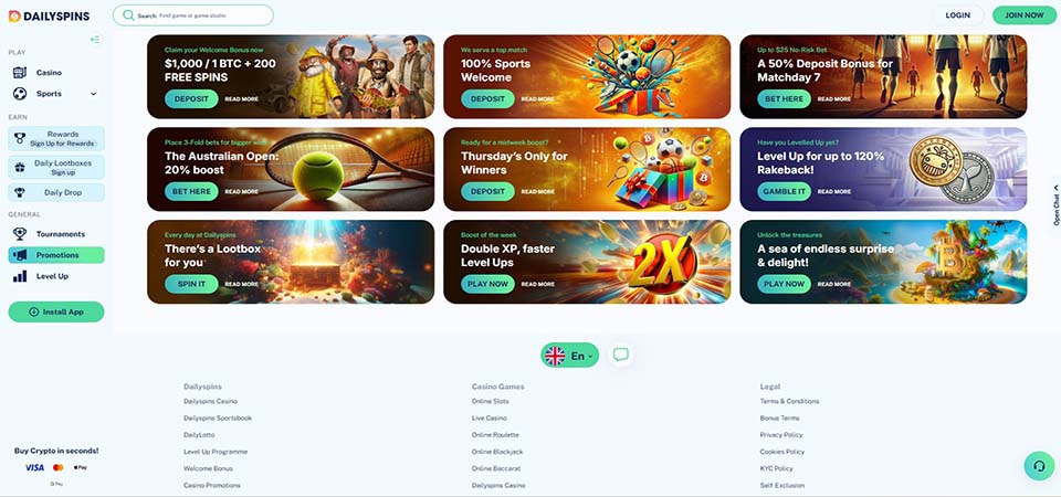 Screenshot of the Dailyspins promo page