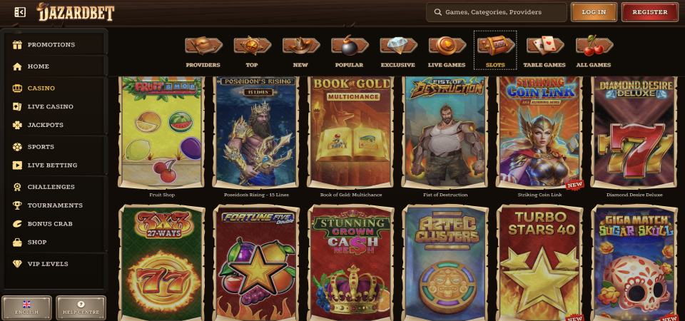 Screenshot of the DazardBet casino slots page