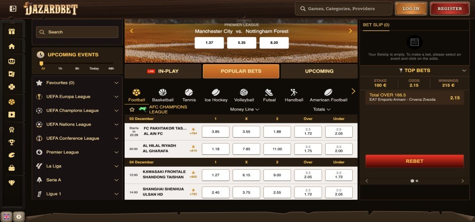 Screenshot of the DazardBet sport page