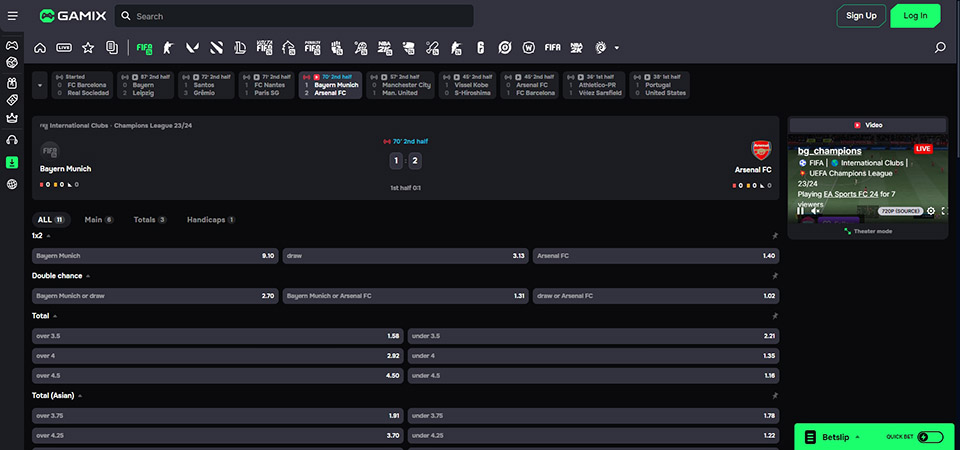 Screenshot of the Gamix sport page