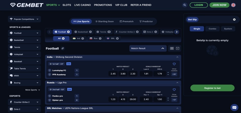 GemBet desktop live sport page screenshot
