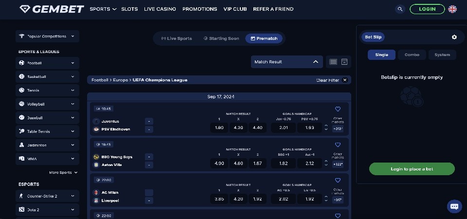 GemBet desktop sport page screenshot
