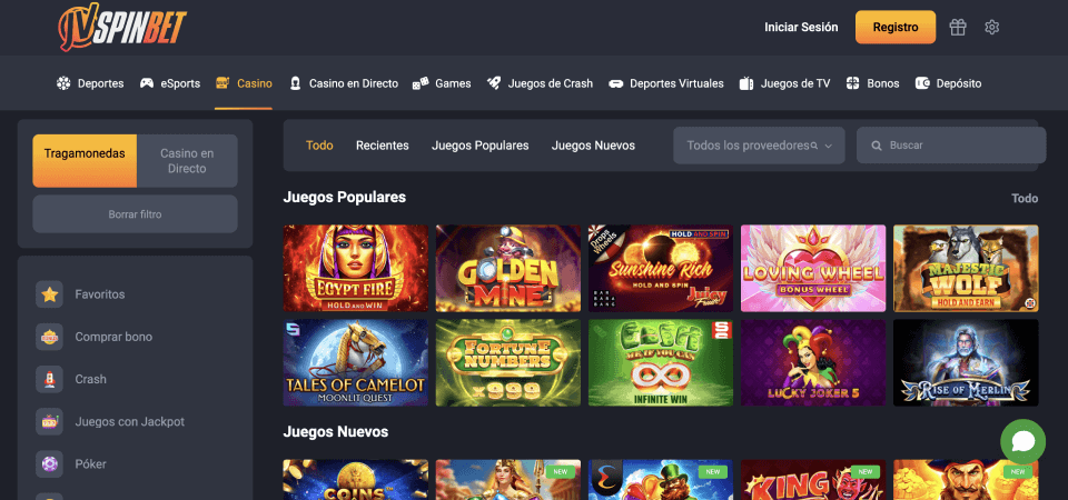 Screenshot of the JVSPINBET casino page