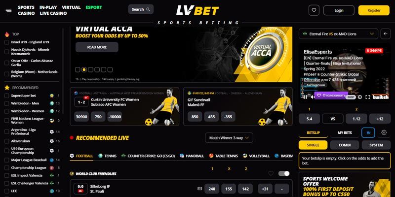 Screenshot of the LVbet sport page