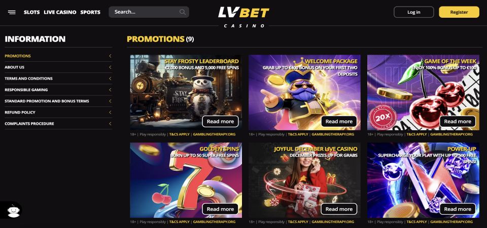 Screenshot of the LV BET promotions page