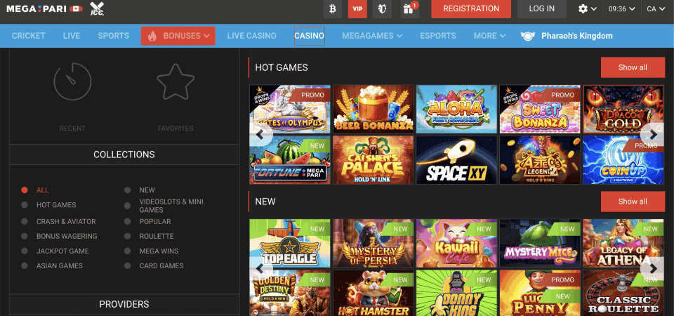 Screenshot of the Megapari casino page