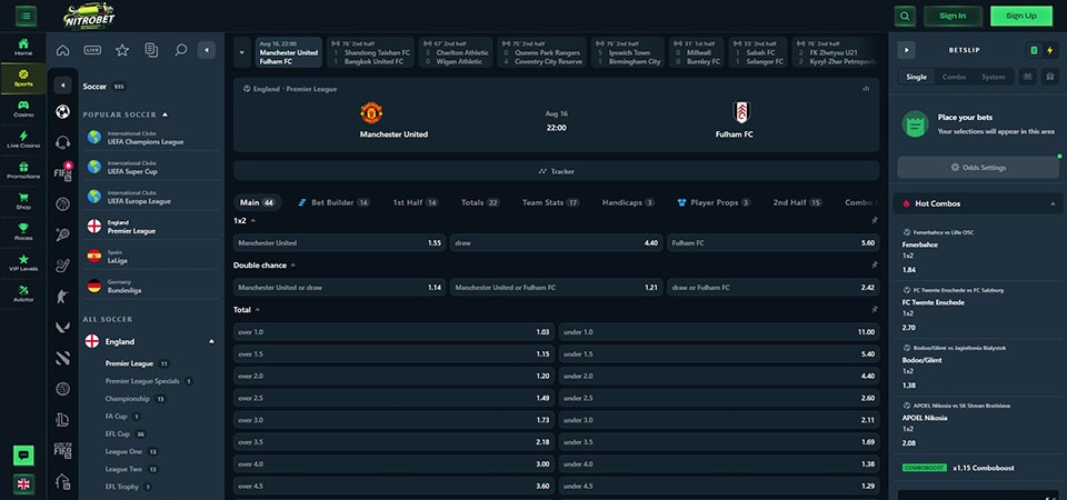 Screenshot of the nitrobet sport page