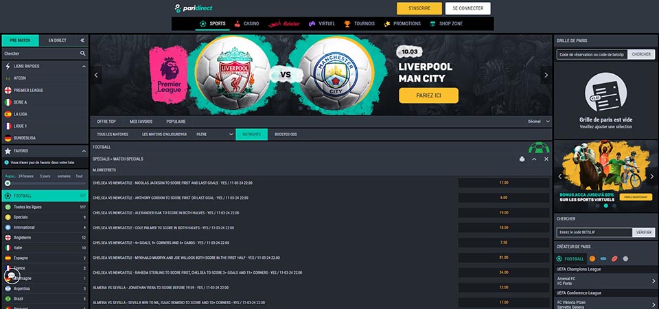 Screenshot of the Paridirect sport page