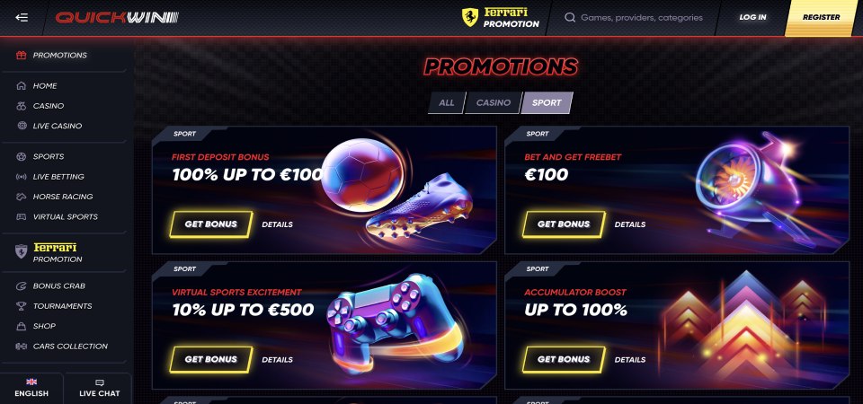 Screenshot of the Quickwin promotions page