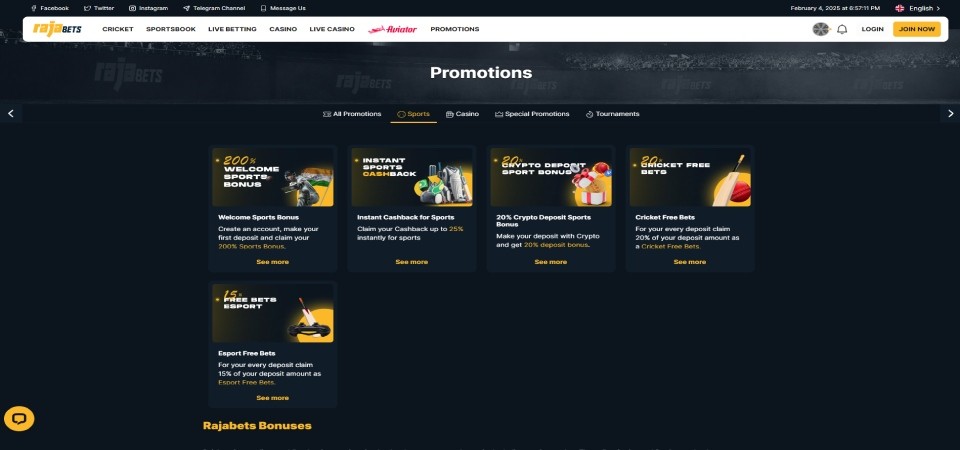 Screenshot of the Rajabets promotions page