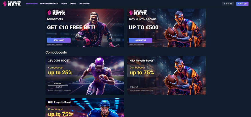 Screenshot of the rebellion casino bonus page