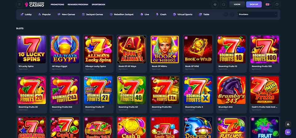 Screenshot of the Rebellion Casino casino page