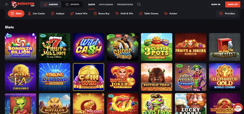 Screenshot of the Rooster.Bet casino slots page