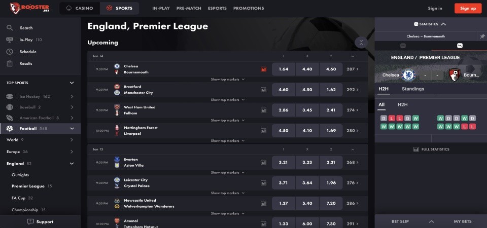 Screenshot of the Rooster.bet sport page