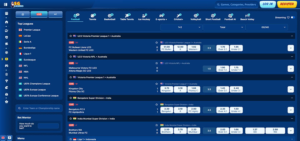 Screenshot of the SG Casino LIVE betting page