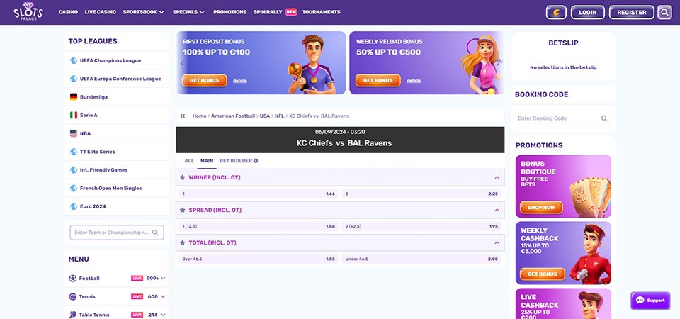 Screenshot of the Slot Palace sport page