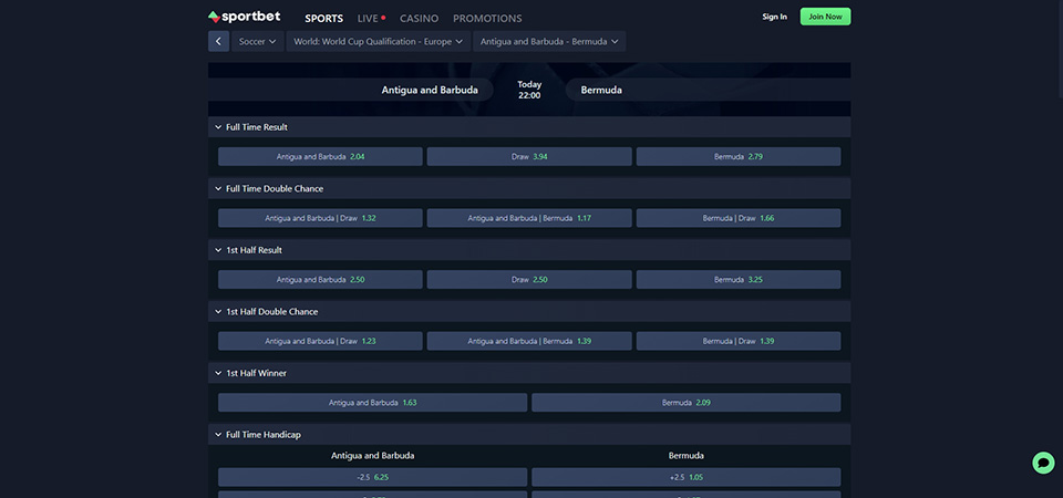 Screenshot of the Sportbet.one sport page
