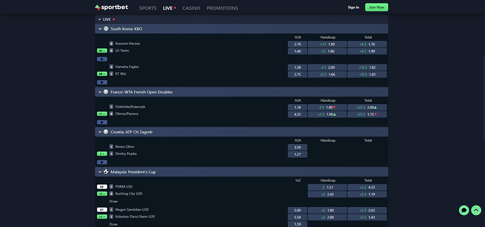 Screenshot of the Sportbet.one live page