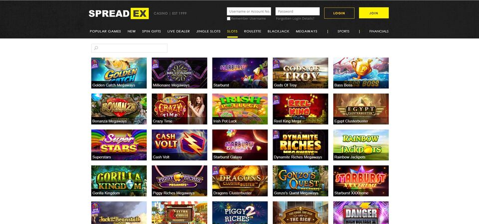 Image of casino page at Spreadex