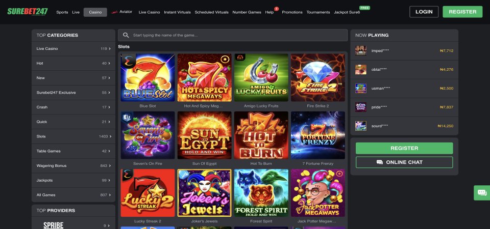 Screenshot of the Surebet247 casino page