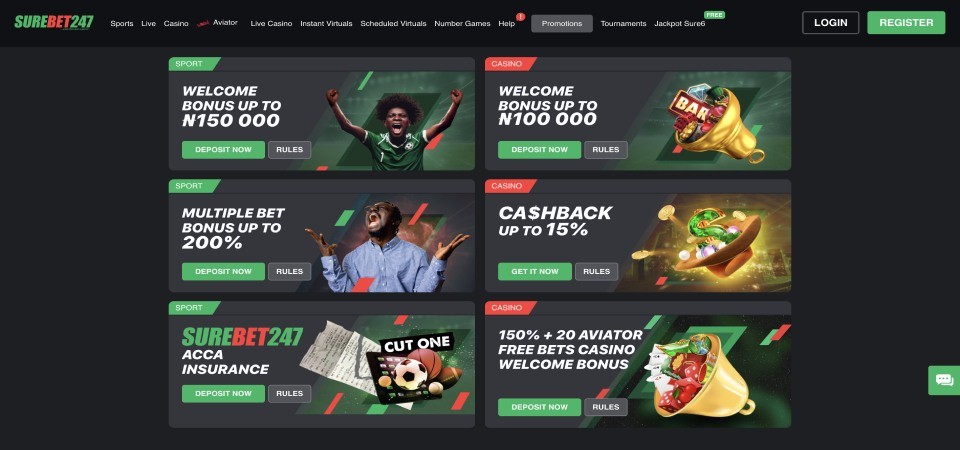 Screenshot of the Surebet247 promotions page