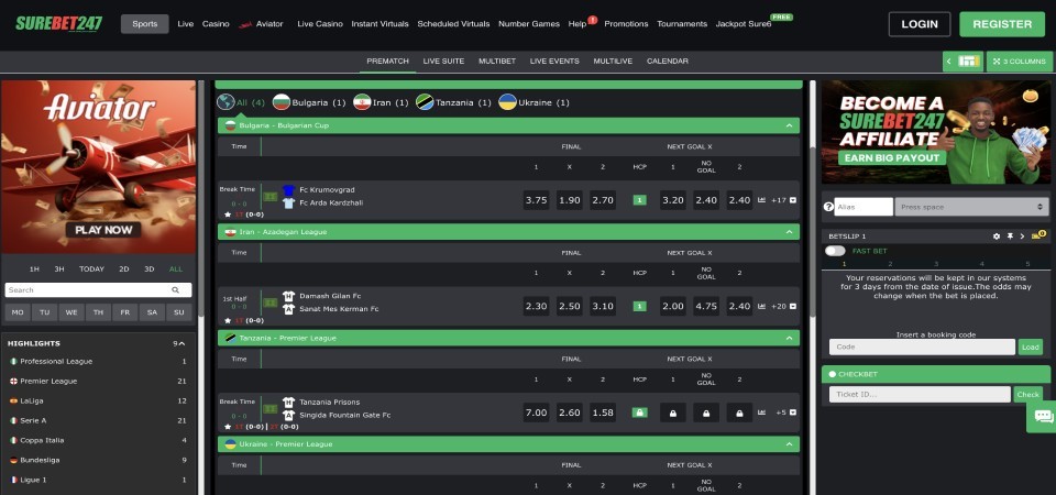 Screenshot of the Surebet247 sport page