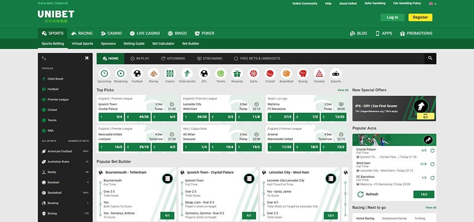 Screenshot of the Unibet sport page