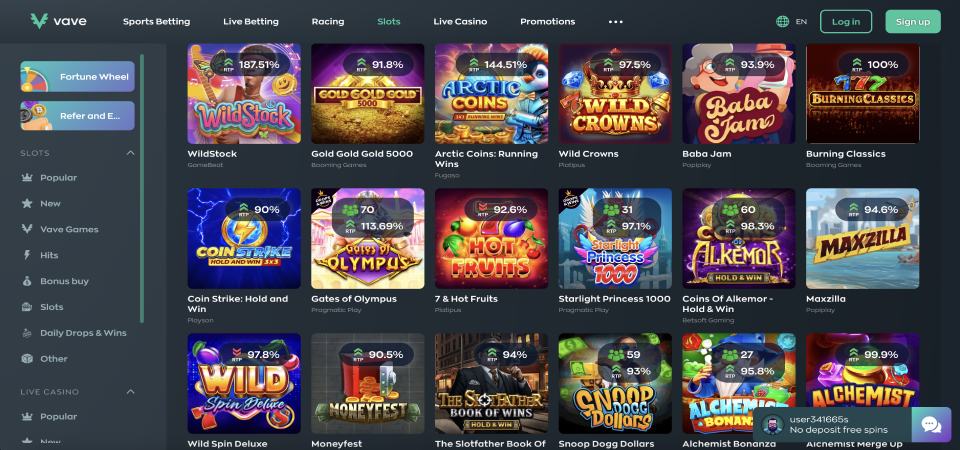 Screenshot of the Vave casino slots page