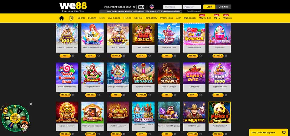 Screenshot of the WE88 casino page