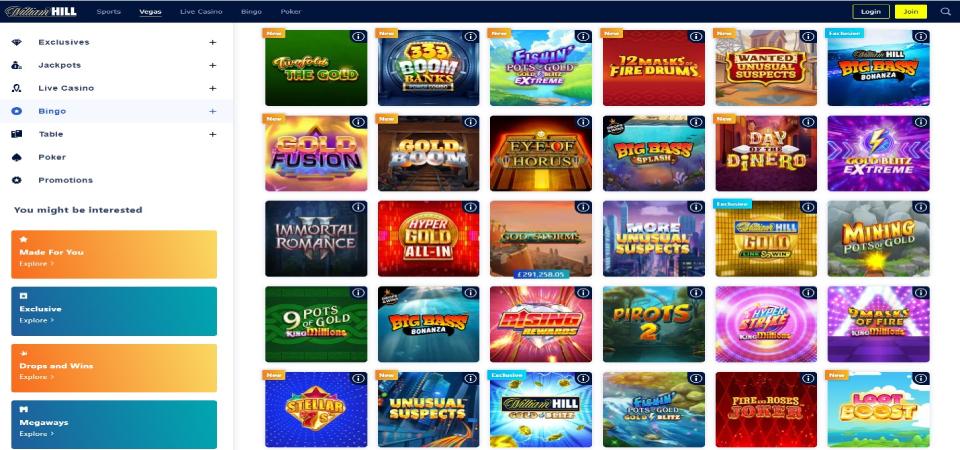 Screenshot of the William Hill casino slots page