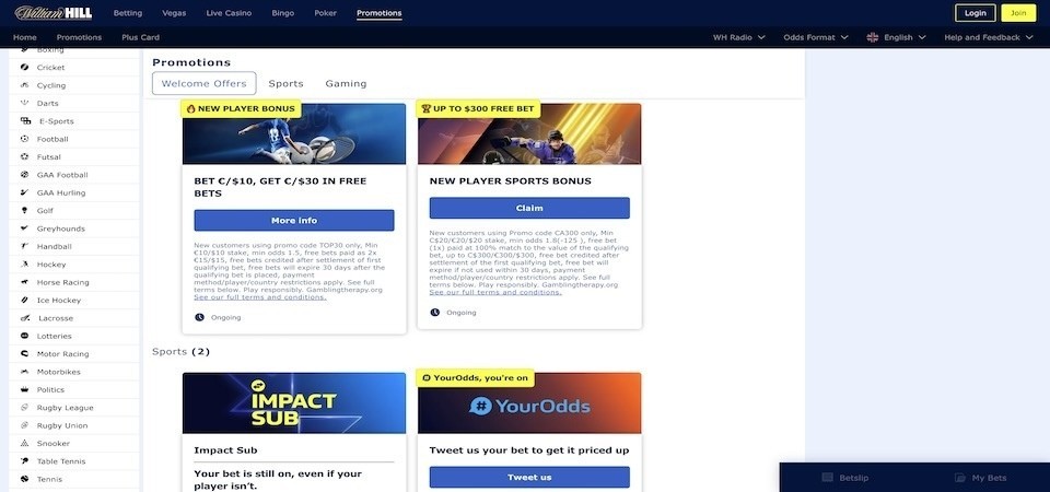 Screenshot of the William Hill promotions page