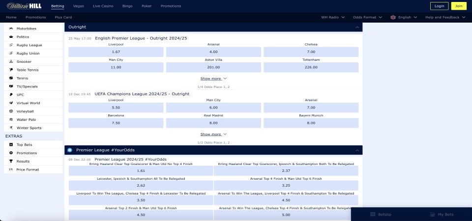 Screenshot of the William Hill sport page