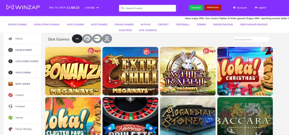 Screenshot of the Winzap casino slots page