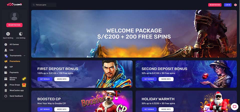 Screenshot of the Woocasino bonus page