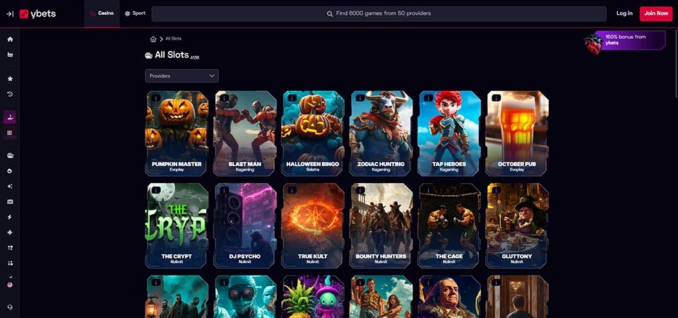 Screenshot of the Ybets casino page